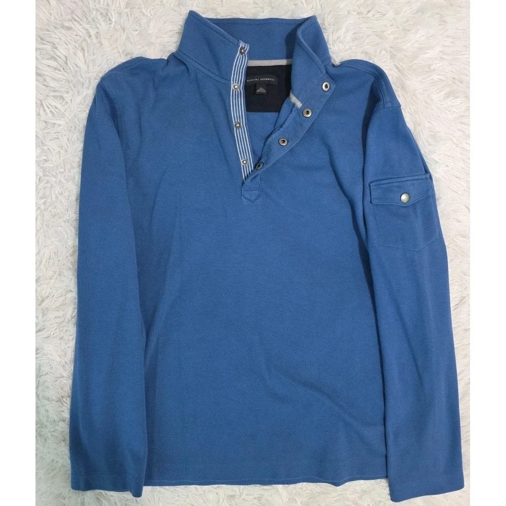 Banana Republic Sweater Mens Large Blue Cotton‎ Snap Button Mock Neck Pullover